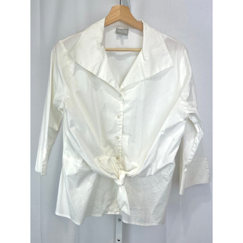 NICHE Nilgun Derman Tie Front Button Down Shirt 3/4 Sleeve Cotton White Size S